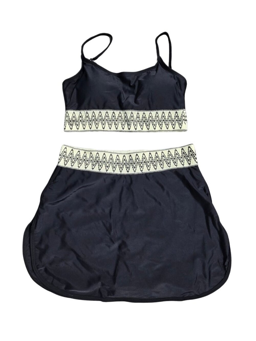 NWOT | Black Smocked Tankini Set with High Waisted Swim Skirt Zig Zag Trim | Sma